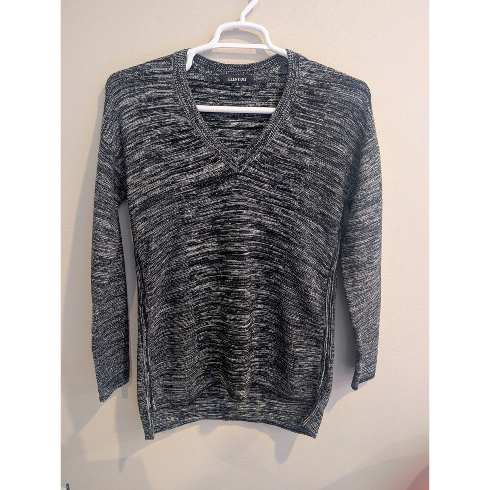 Ellen Tracy sweater size large black ivory V Neck Marled Knit Women NWOT